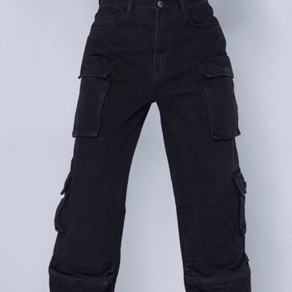 Dark washed wide leg cargo jeans